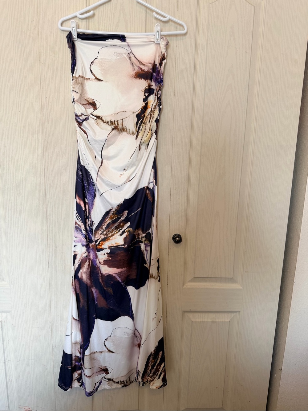 SHEIN White Strapless Maxi Dress with Purple & Brown Floral Print